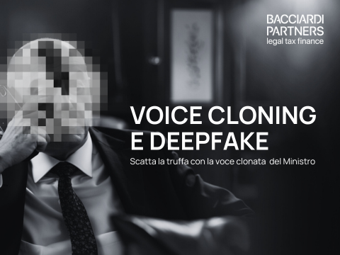 sagoma finta in bianco e nero del ministro crosetto con testo Voice cloning e deepfake, Scatta la truffa con la voce clonata del Ministro. e logo di bacciardi Partners